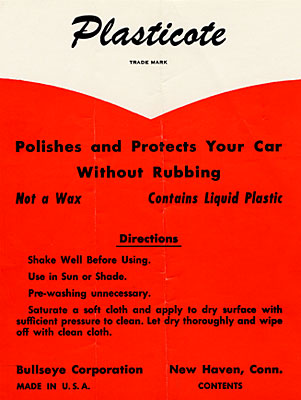 Label reads: "Plasticote polishes and protects your care without rubbing. Not a wax. Contains liquid plastic"