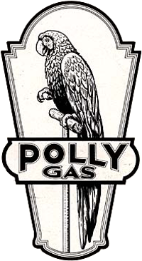 Drawing of parrot with the words "Polly Gas" below. 