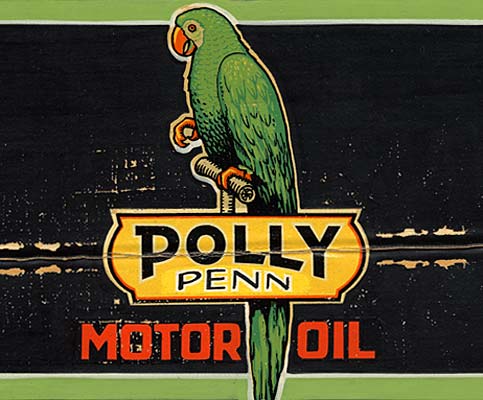 Drawing of parrot with the words "Polly Penn Motor Oil" below.