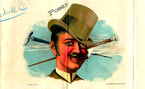 Drawing of man in top hat, wearing a monocle and smoking cigar.