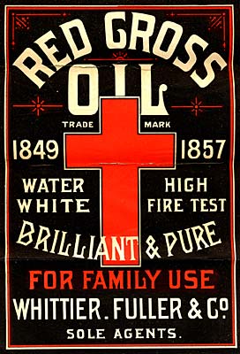 Red cross in center. Reads: Red Cross Oil trade mark 1849 to 1857 Water White High Fire Test Brilliant & Pure. For Family Use.