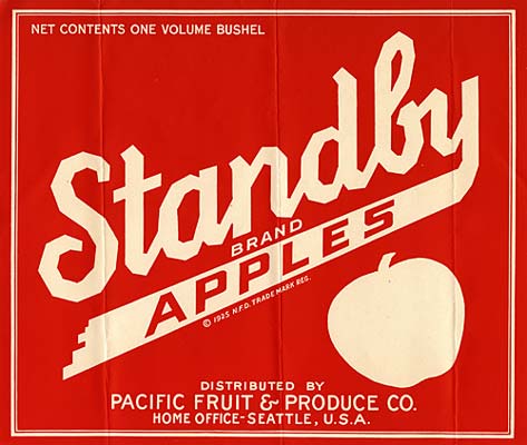 Plain red and white graphic with the outline of an apple and the stylized words "Standby Brand Apples"