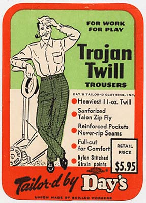 Drawing of man in trousers standing next to push lawn mower & wiping brow with cloth. "Trojan Twill Trousers For Work For Play"