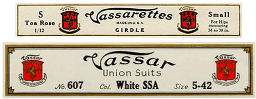 Two labels: 1 for Vassarettes Girdle, 1 for Bassar Union Suits. Both have Red shield with lion drawn on top as part of logo.