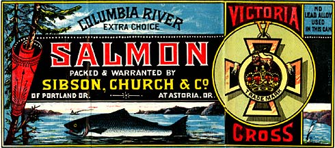 Drawing of salmon in river, evergreen trees on right. Banner reads "Salmon packed & warranted by Sibson, Church & Co."