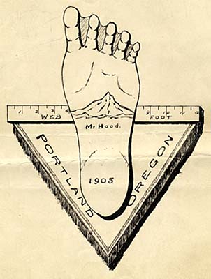 Drawing of foot with webs between toes. Mt. Hood is drawn on bottom of foot with date 1905. A ruler behind foot reads "Web Foot"