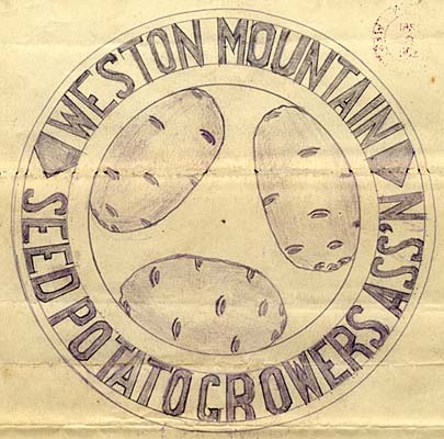 Drawing of 3 potato in the center of a cirlce. Around circle reads "Weston Mountain Seed Potato Growers Ass'n"