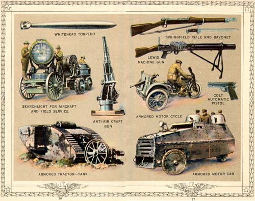 Drawings of American weopns including a torpedo, anti-air-craft-gun, rifle, machine gun, motor cycle, pistol, tank, armored car