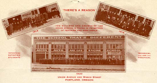 Letterhead of Adcox Auto and Gas Engine school in Portland from 1916-1920