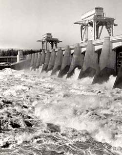 Photo of Bonneville dam shows water raging through the dam.
