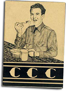 Drawing of man eating at a table with the letters "CCC" underneith.