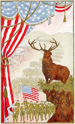 Color drawing of soldiers marching with american flag while an elk overlooks from a high cliff.