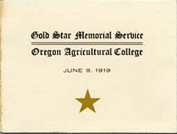 "Gold Star Memorial Service, Oregon Agricultural College, June 9, 1919" with a gold star below words.