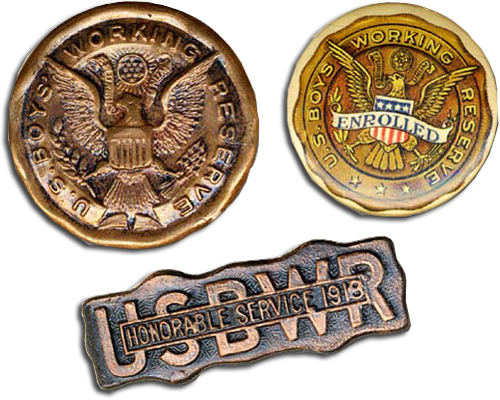 3 bronze-gold colored badges. The 2 round badges depict eagles with "U.S. Boys Workin Reserv." The 3rd reads "Honorable Service"