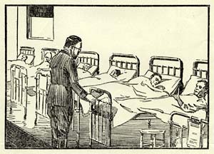 Line drawing of 6 men in hospital beds with 1 doctor looking over them.