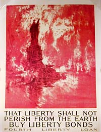 Statue of liberty all in red with red sky, red water. Meant to depict the U.S. under attack and burning.