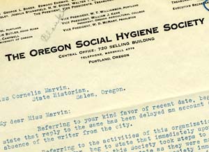 Letter head reads "The Oregon Social Hygiene Society, central office, 720 Selling Building, Portland, Oregon."