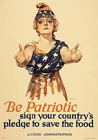 "Be Patriotic, sign your country's pledge to save the food" with drawing of woman in american flag dress.