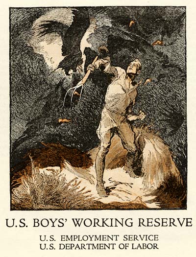 Drawing of heroic figure of boy in the Working Reserve holding a pitchfork and working hard in a field.