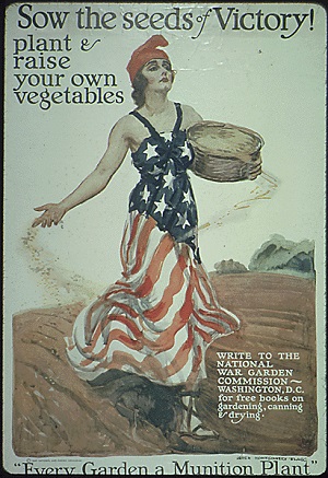 Drawing of woman in american flag dress throwing seed in a field. "Sow the seeds of Victory! plant & raise your own vegetables"