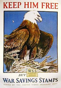 Illustration of giant bald eagle with war planes flying around.