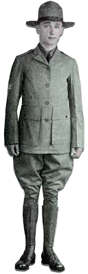 Young man shown in uniform with hat, jacket, pants and knee high boots.