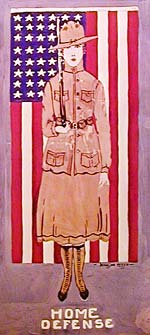 Color illustration of woman in military outfit carrying rifle. American flag in background. "Home Defense" written below.