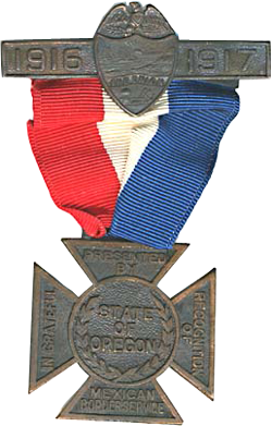 2 pieces of metal connected by a red, white & blue cloth. Wording reads: 1916-1917, presented by State of Oregon.