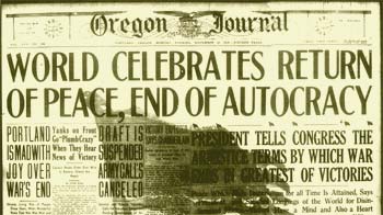 Headline from 1918 newspaper: "World Celebrates Return of Peace, End of Autocracy"