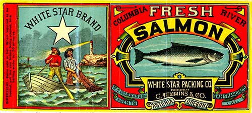 Labels from salmon canneries in 1885