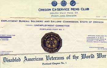 Letterhead of organizations advocating for veterans after world war 1 such as Disable American Veterans of the World War