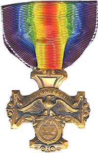 Service medal with rainbow striped ribbon. The medal shows an eagle with the words "World War Service"