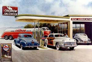 Drawing of a Chevron gas station with cars lined up to get gas and a Chevron gas tanker fuel truck in the back.