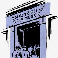 Drawing of people filing into a building with the name "Chamber of Commerce" over the archway.