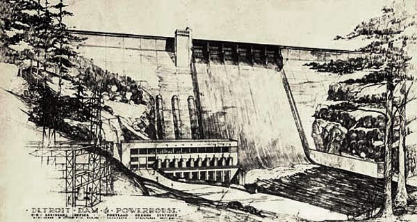 Drawing of Detroit Dam with water flowing over the top & evergreen trees on the backs of the river.