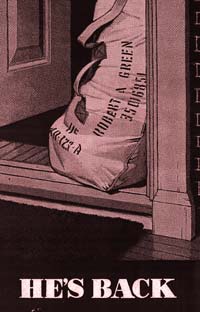 Drawing of a military bag, the kind servicemen kept their belongings in. Text at bottom reads "He's Back."