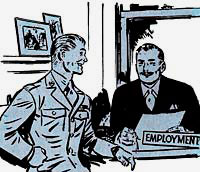 Drawing of service man sitting in front of another man's desk. The man behind the desk is dressed in a business suit. A sign on his desk says 