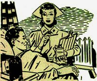 Drawing of man in hospital bed with nurse carrying clipboard standing next to his bed.