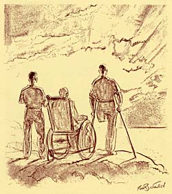 Drawing of 3 service men: 1 missing an arm, 1 in a wheel chair, 1 missing a leg and standing on crutches.