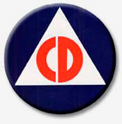 Letters "CD" inside white triangle inside blue circle.