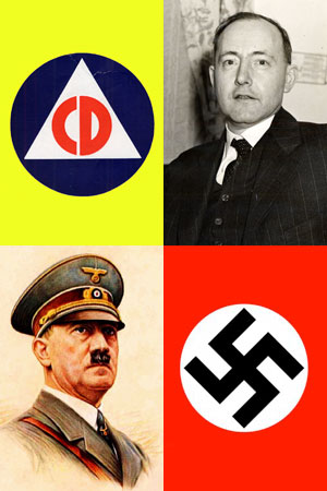 Triangle with CD inside. Photo Charles Sprague. Nazi swastika. Drawing of Hitler in military dress.