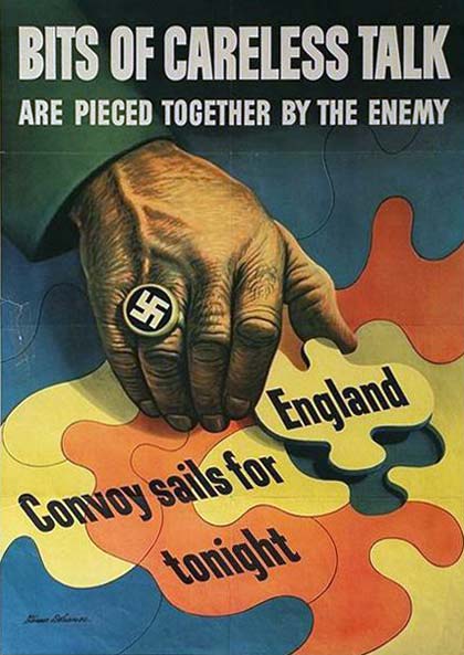 Poster from world war II titled "Bits of careless talk are pieced together  by the enemy" shows a hand with a Nazi ring.