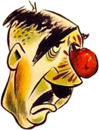 Cartoon of Adolf Hilter portrayed as stupid with large red nose and drooping facial features. 