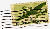 Stamp with airplane and "Air mail 8 cents" on front.