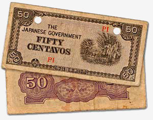 Japanese money with "Fifty Centavos" printed on it.