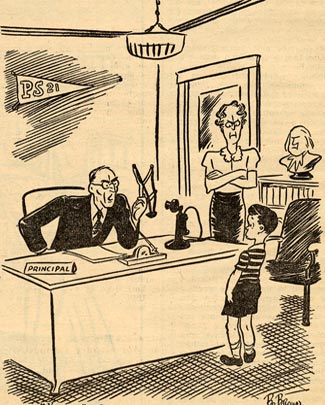 Cartoon of angry principal holding slingshot and talking to boy. An angry woman (probably the teacher) is standing to his side.