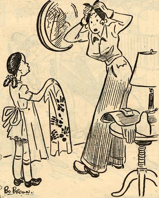 Mother fixing her hair in a mirror. Girl in apron approaches her with a towel.
