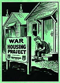Cartoon of dejected looking young man sitting on a step outside his front door during evening hours.  Sign "War Housing Project"