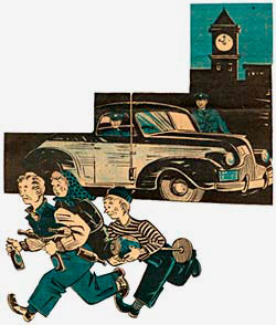 Drawing of 3 youths running from a police car carrying things they stole like bottles of beer (probably).
