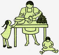 Drawing of mother in apron at a table working with food while 2 children play nearby.